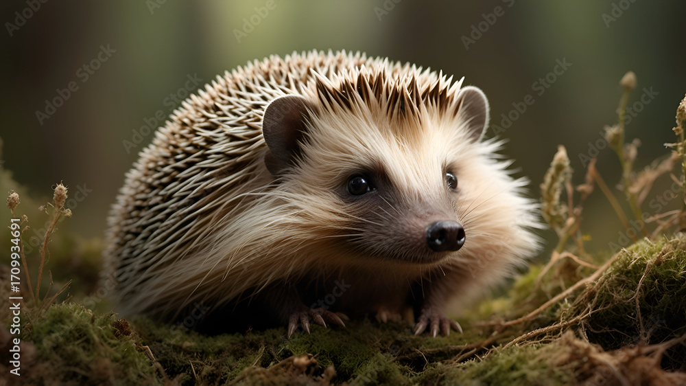 Fototapeta premium Adorable Hedgehog with Spiky Spines in Habitat