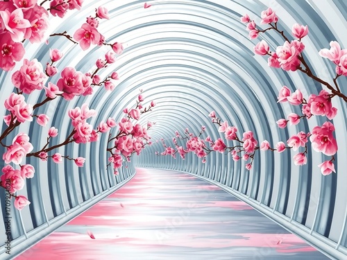 Blossoming dreams: Pink flowers adorn a futuristic tunnel perspective, symbolizing spring's gentle passage.