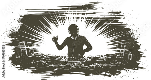 monochrome vector edm dj music in mezzotint photocopy effect, for grunge punk y2k collage design. disco microphone headphone retro elements.