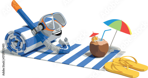 Beach vacation essentials including a rolled towel snorkel gear and a refreshing coconut drink