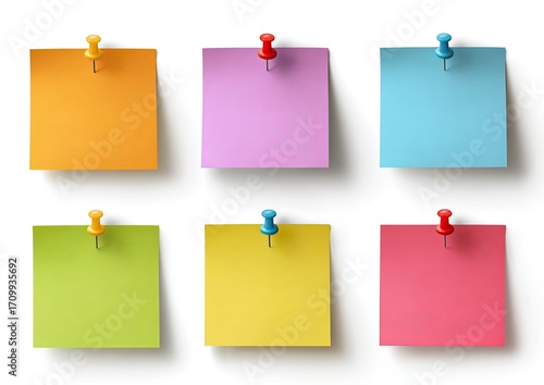 Six colorful sticky notes, each pinned to a white surface