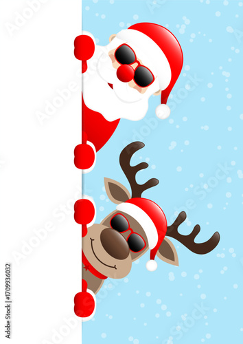 Weihnachtsmann Und Rentier Sonnenbrille Banner Rechts Schnee Hellblau