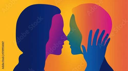 Colorful Silhouette Embrace: Two Faces Touching in Vibrant Harmony