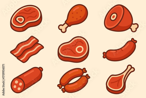 Colorful Meat Icons – Vibrant Vector Set of Meat Cuts, BBQ, Sausages & Butchery Symbols for Food & Restaurant Design