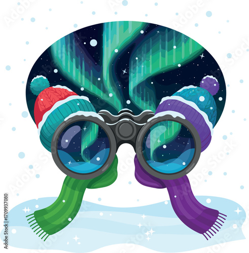 Binoculars with winter hats and scarves watching the aurora borealis