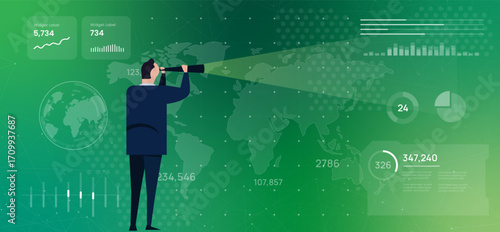 Business outlook vision world map businessman looking through telescope illustration future forecasting trend analysis on a global scale corporate cyber digital investigation