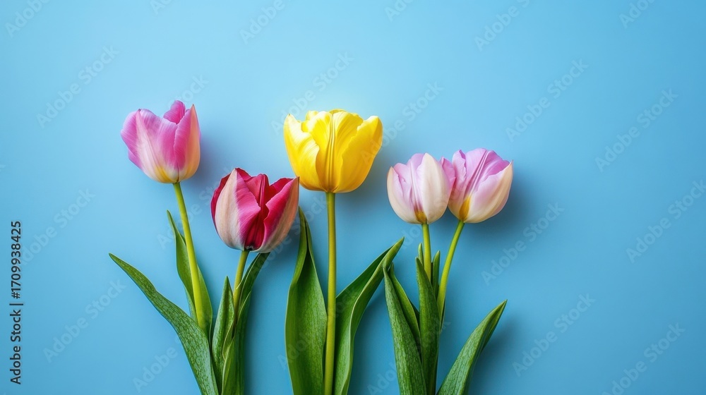 Fototapeta premium Colorful Tulips on Blue Background.