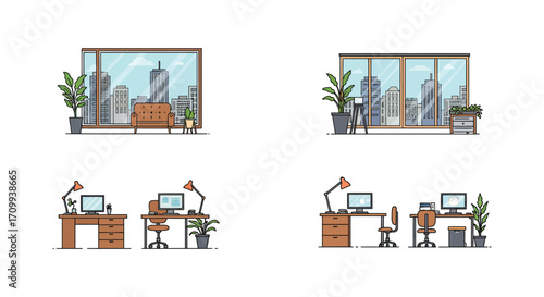 Modern office interior with city view and workspace setups illustrated
