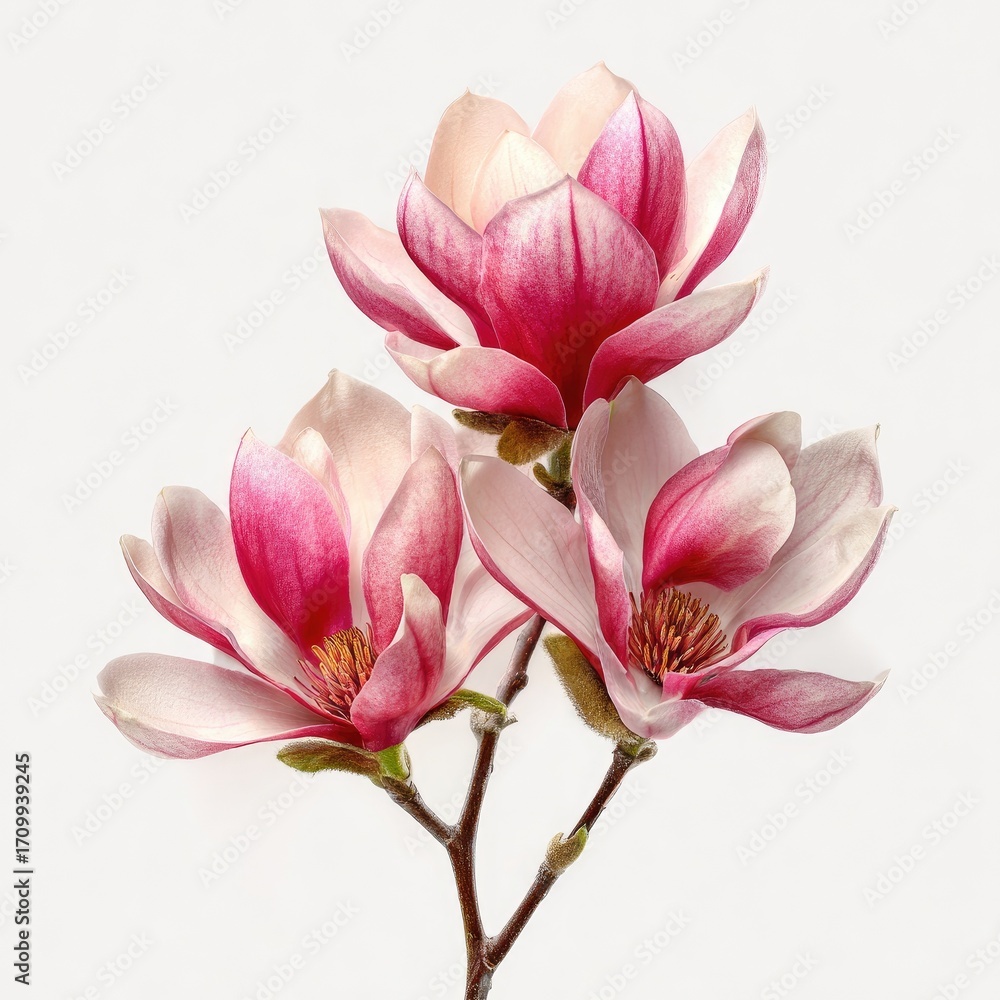 Obraz premium Three delicate magnolia blossoms, a soft blush pink and cream, sit on a stem against a plain white background. 