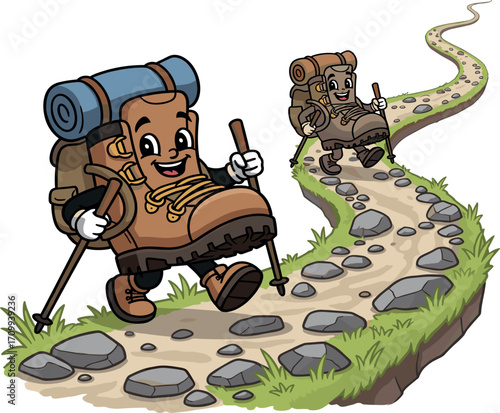 Anthropomorphic hiking boot with backpack and trekking poles on a winding path