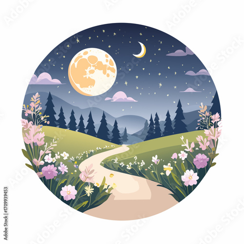 Whimsical Night Landscape with Path, Moon and Flowers
