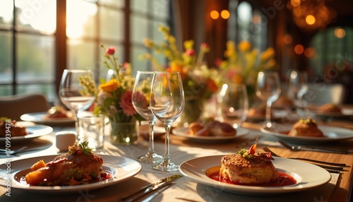 Fototapeta Naklejka Na Ścianę i Meble -  Gourmet dishes served on lavish table setting with fine dining decor. Close-up of exquisite meal presentation with floral arrangements, elegant glassware. Opulent ambiance for celebrations, exclusive