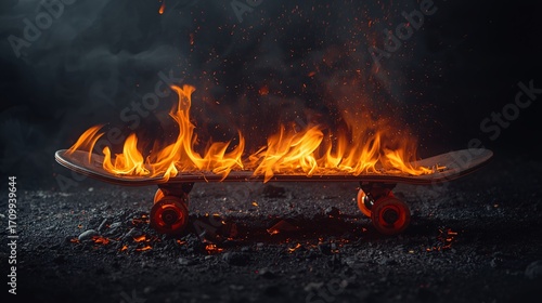 Skateboard on Fire with Bright Orange Flames
