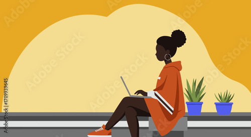 Young Black woman focused on a laptop in a relaxed setting, embodying remote work, digital education, and modern lifestyle.