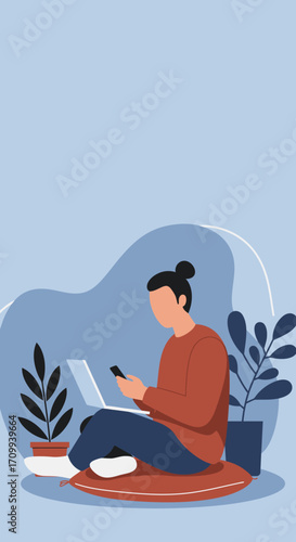 Person multitasking with laptop and smartphone in a comfortable home setting, illustrating remote work, digital communication, and productivity.
