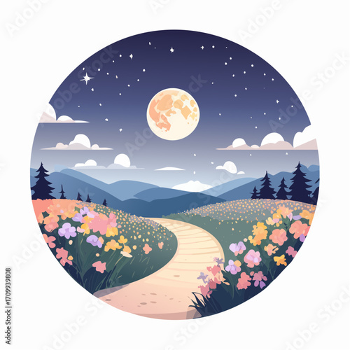 Whimsical Night Landscape with Path, Moon and Flowers