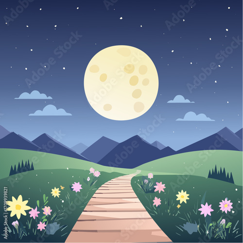 Whimsical Night Landscape with Path, Moon and Flowers
