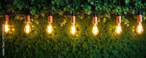 Row of Edison bulbs with wooden bases hang over green foliage, creating warm ambient light. Ceiling decor blends nature with modern illumination, offering eco-friendly design for stylish interiors,