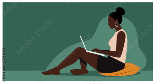 Relaxed woman working or studying on a laptop at home, embodying remote productivity, online learning, and a digital lifestyle.