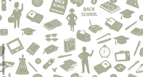 Back to school pattern design featuring diverse educational elements in chalk style 