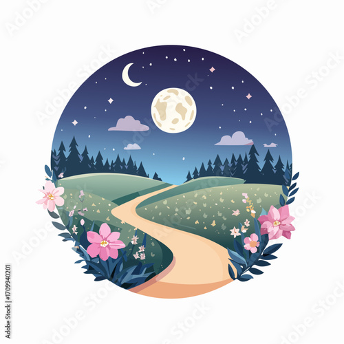 Whimsical Night Landscape with Path, Moon and Flowers