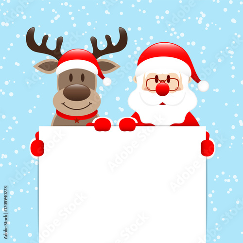 Weihnachtsmann Und Rentier Halten Schild Schnee Hellblau