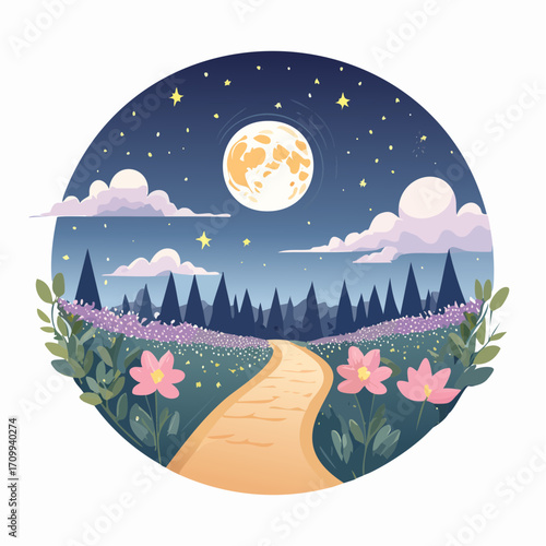Whimsical Night Landscape with Path, Moon and Flowers