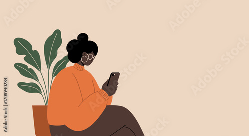 Young Black woman in glasses using a smartphone, connecting online, messaging, or browsing social media, representing modern digital lifestyle and communication.