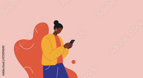 Modern Black woman uses smartphone, connecting digitally. Vibrant illustration for technology, communication, lifestyle, and social media concepts.