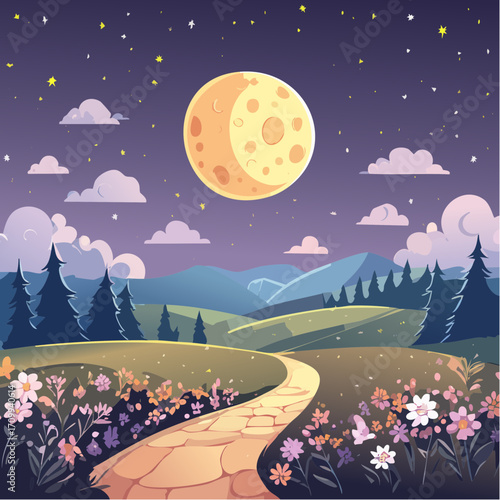 Whimsical Night Landscape with Path, Moon and Flowers