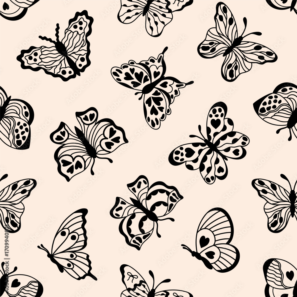Fototapeta premium Seamless pattern of black doodle butterflies