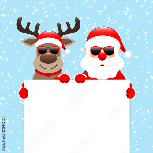 Weihnachtsmann Und Rentier Sonnenbrille Halten Schild Schnee Hellblau