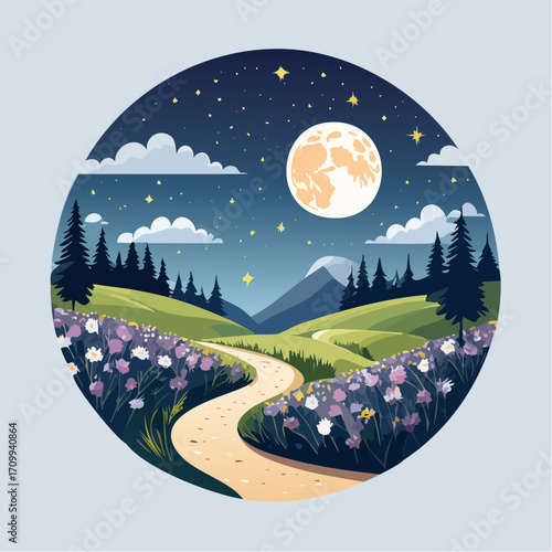 Whimsical Night Landscape with Path, Moon and Flowers