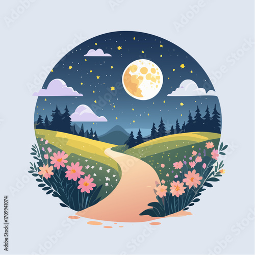 Whimsical Night Landscape with Path, Moon and Flowers