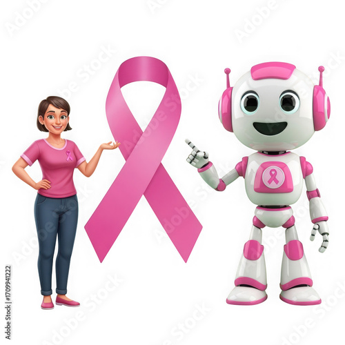 3d icon of woman and robot with pink ribbon isolated on transparent background