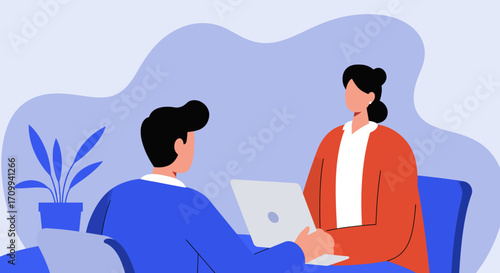 Professional man and woman engaging in a business meeting with a laptop. Ideal for concepts of collaboration, interviews, or corporate discussion in a modern office.