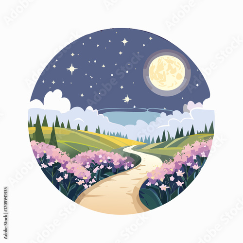Whimsical Night Landscape with Path, Moon and Flowers