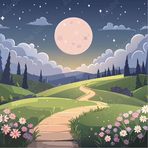 Whimsical Night Landscape with Path, Moon and Flowers