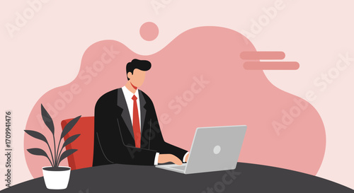 Elderly man working remotely on a laptop in a modern home office setting. Represents productivity, digital literacy, and a flexible lifestyle.