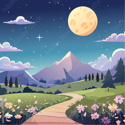 Whimsical Night Landscape with Path, Moon and Flowers