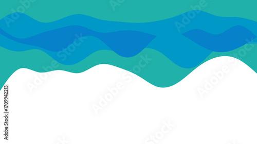 Abstract blue and teal wavy layers creating a dynamic, fluid background with ample white space. Ideal for modern design, water themes, or refreshing concepts.