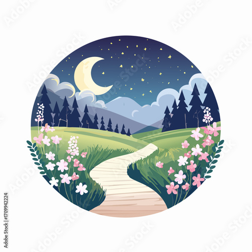 Whimsical Night Landscape with Path, Moon and Flowers