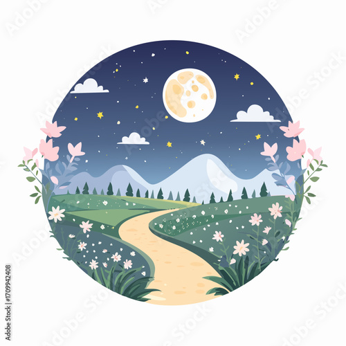 Whimsical Night Landscape with Path, Moon and Flowers