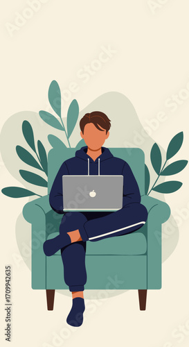 Serene woman engages with technology from home, using laptop and smartphone. Represents remote work, online connection, and a modern digital lifestyle.