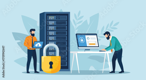 Cybersecurity experts protect server data with padlock and network security concept