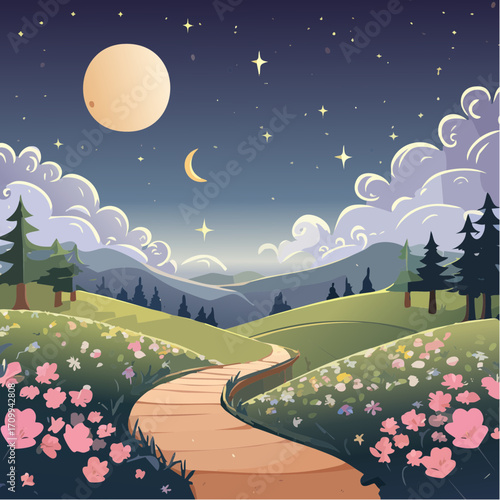 Whimsical Night Landscape with Path, Moon and Flowers