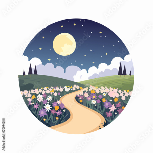 Whimsical Night Landscape with Path, Moon and Flowers