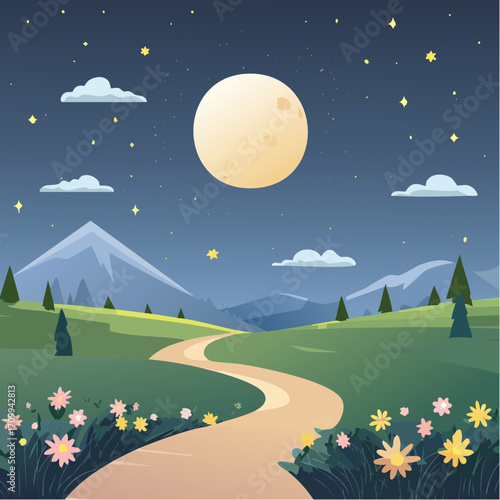 Whimsical Night Landscape with Path, Moon and Flowers