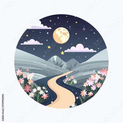 Whimsical Night Landscape with Path, Moon and Flowers