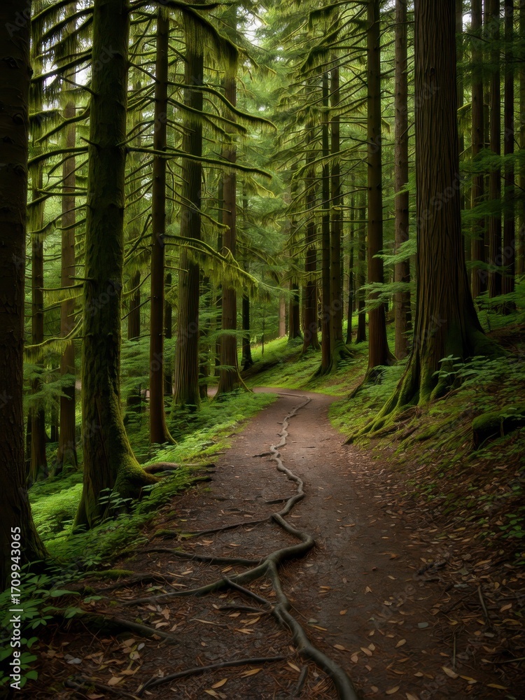 Fototapeta premium Exploring serene hiking trails in lush green forests nature photography peaceful environment ground level view